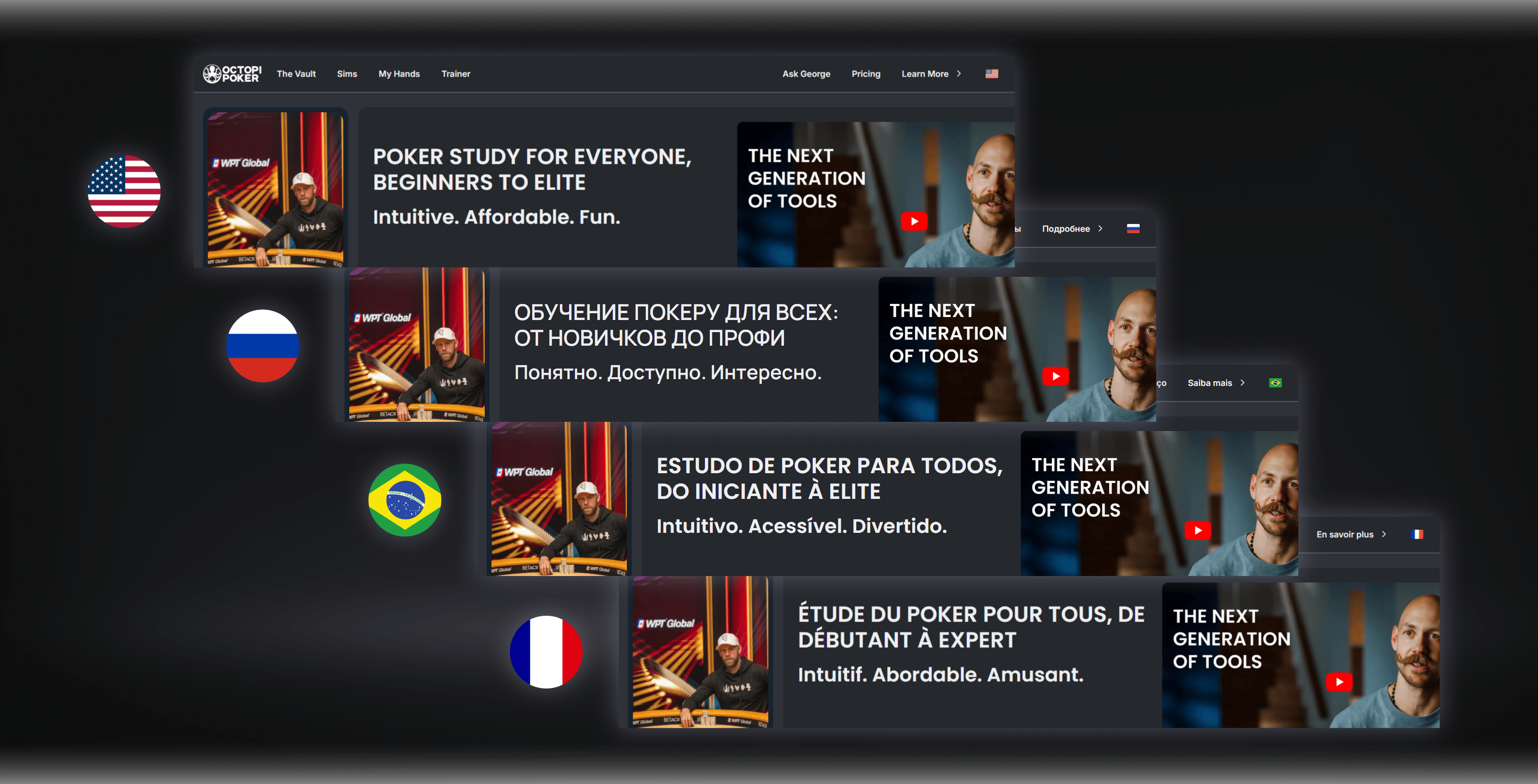 Octopi Poker landing page in multiple languages