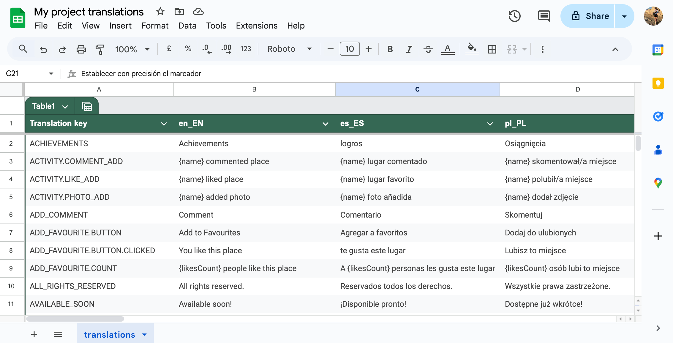 Translations in Excel file - single sheet