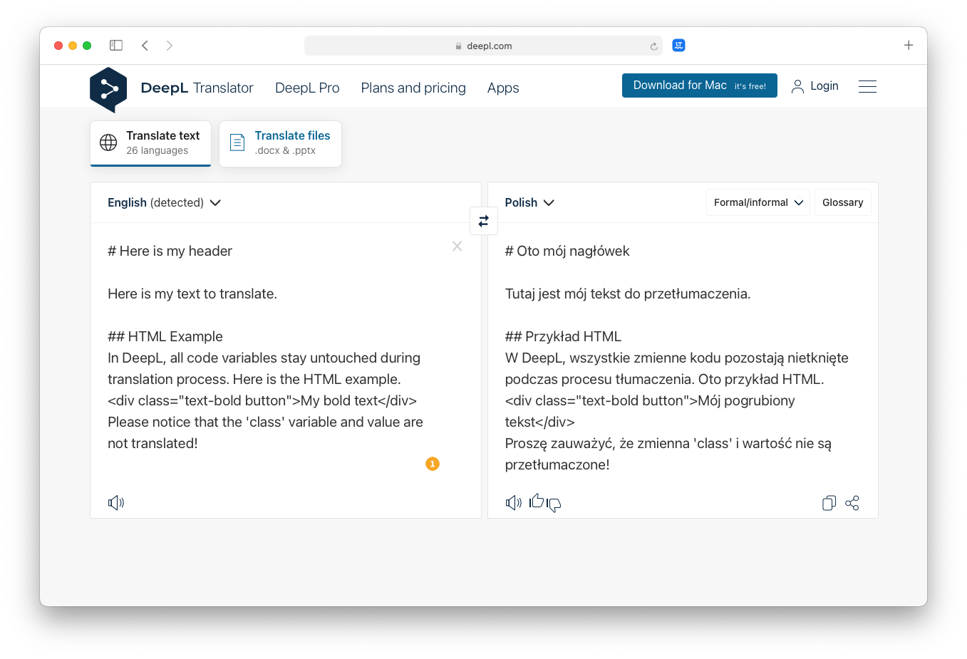 Text with source code translated in DeepL