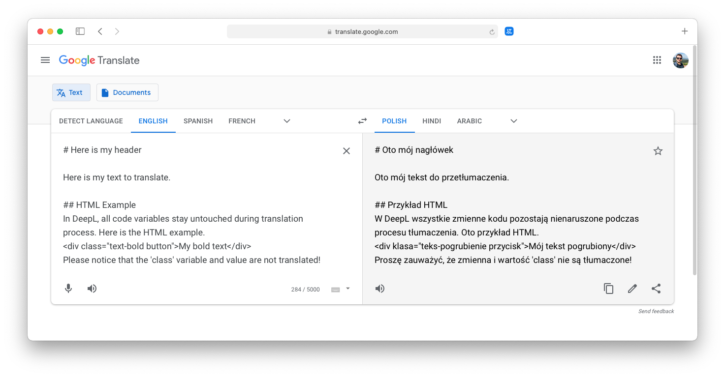 Text with source code translated in Google Translate