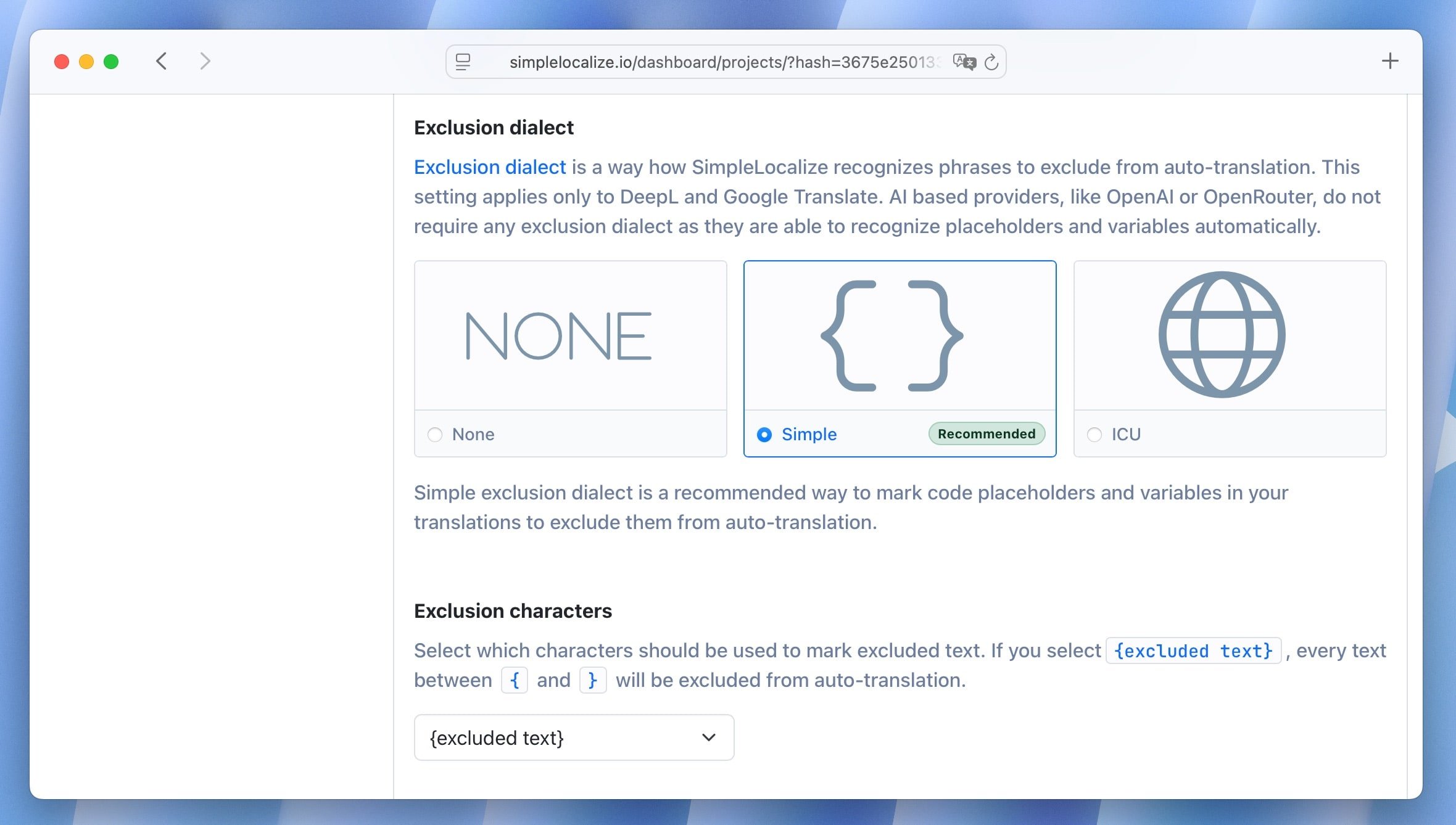 Auto-translation settings with variable format