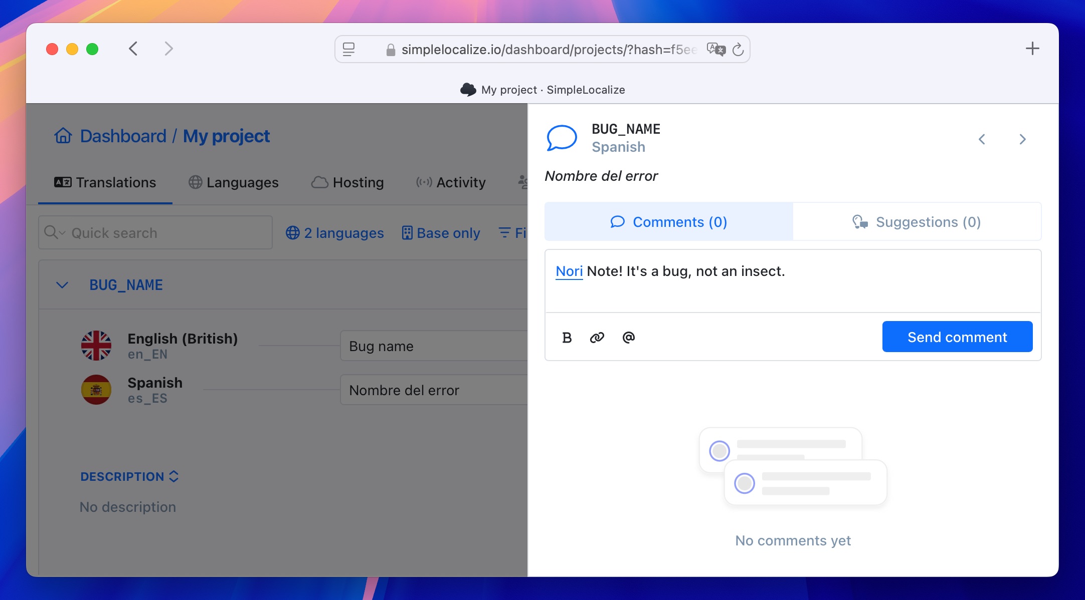 Comments in SimpleLocalize