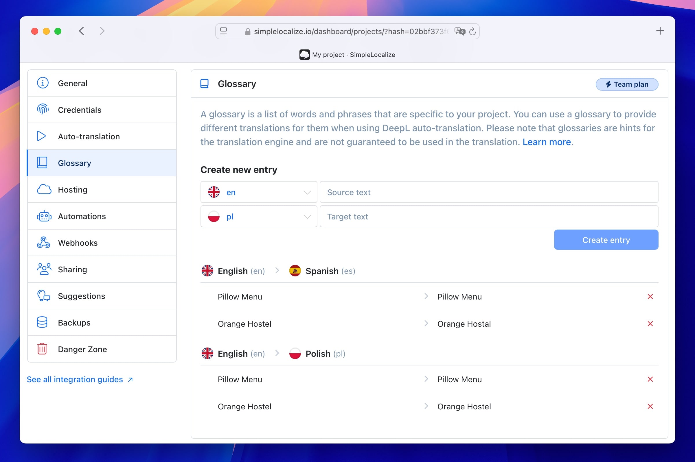 DeepL Glossary in SimpleLocalize