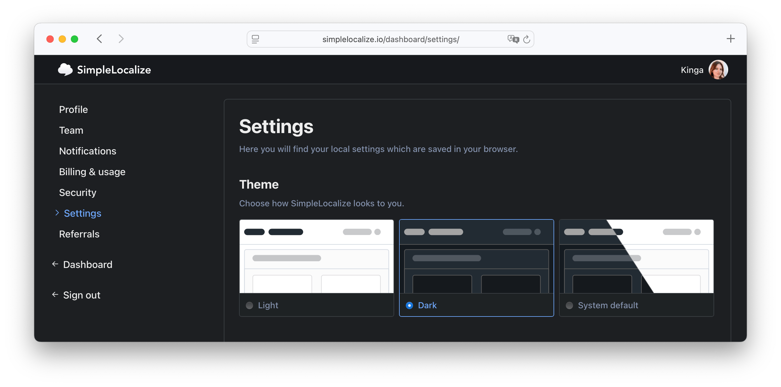 Dark mode setting in SimpleLocalize