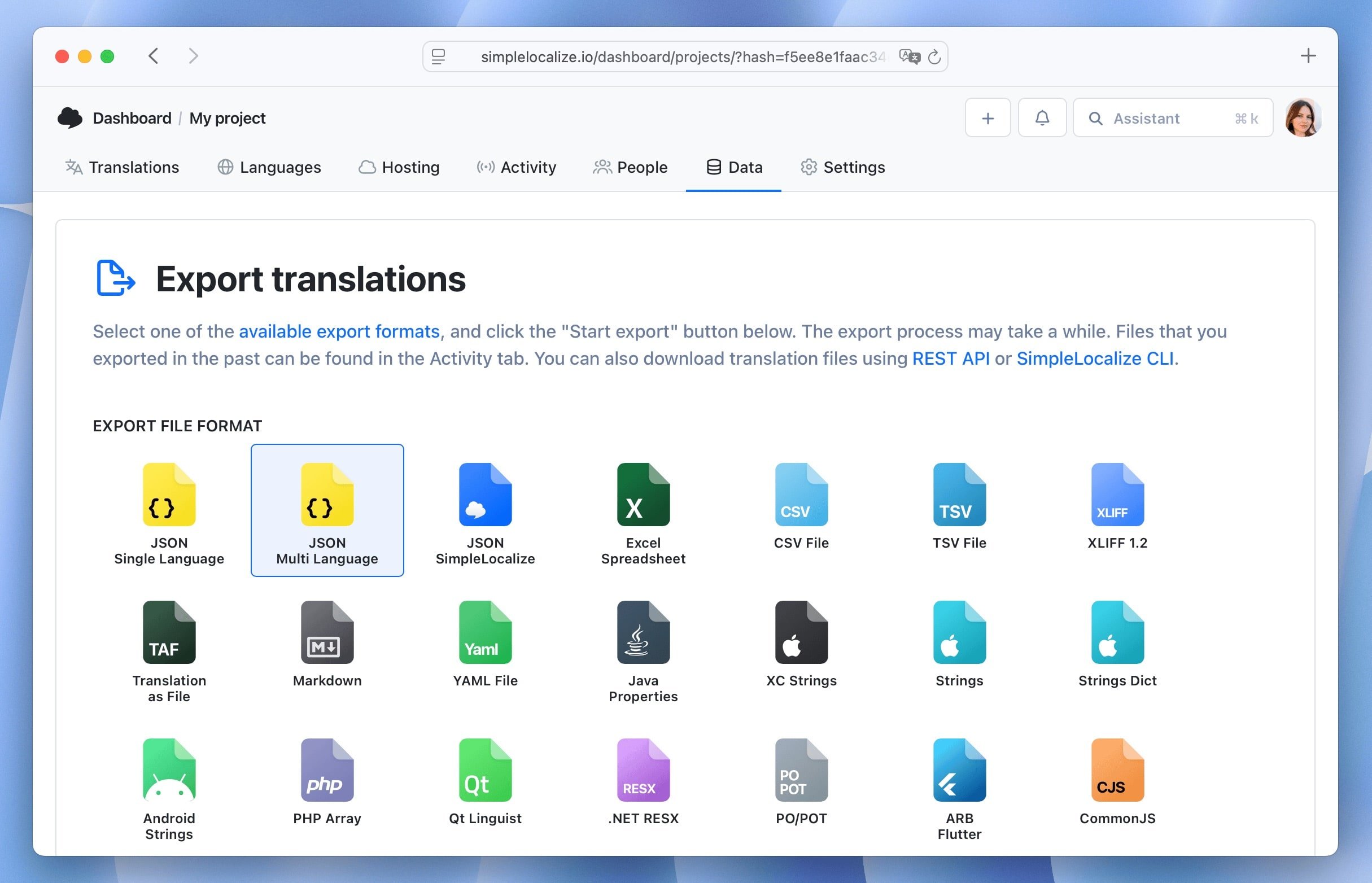 Exporting translation files