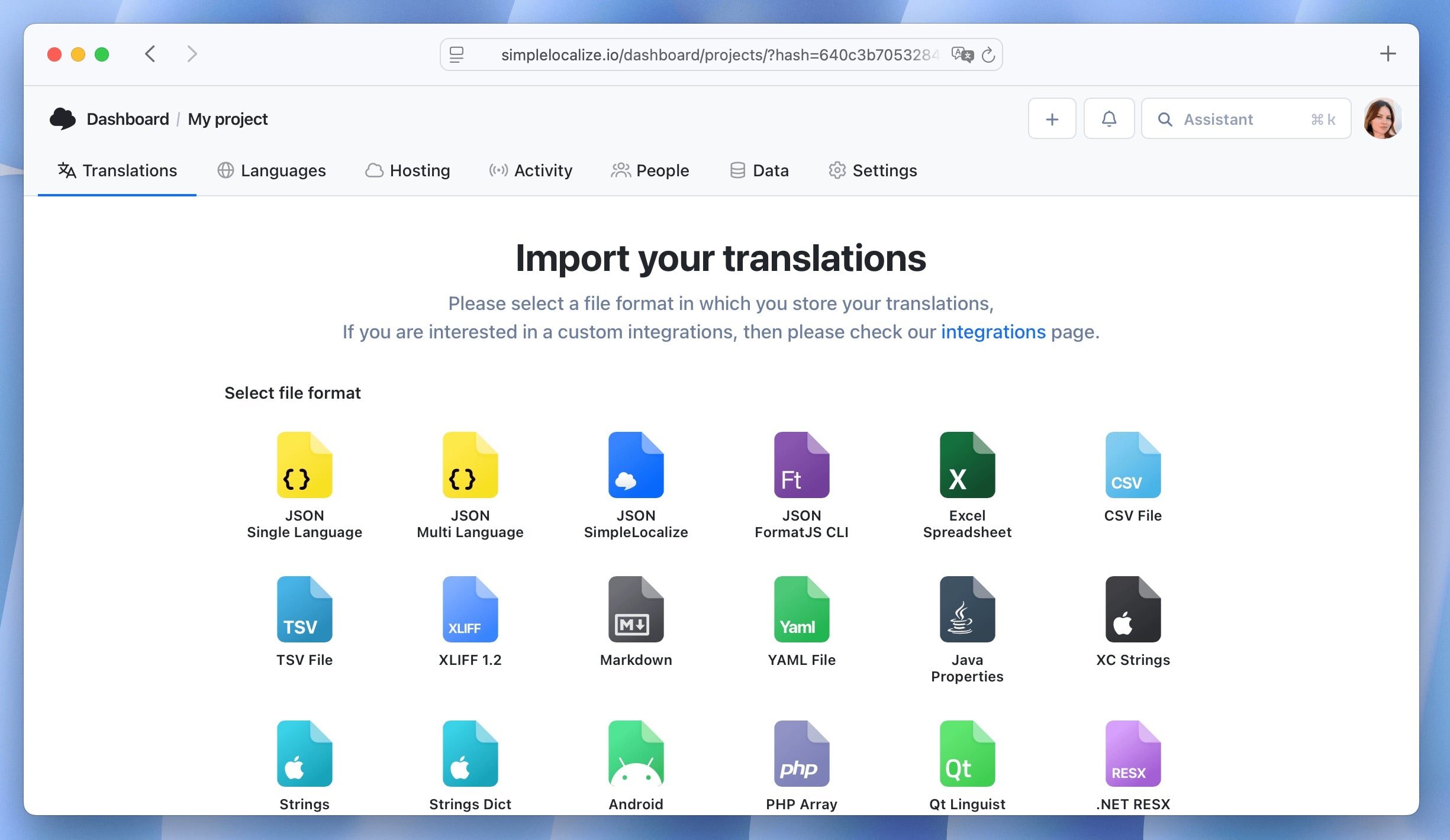 Import translations window