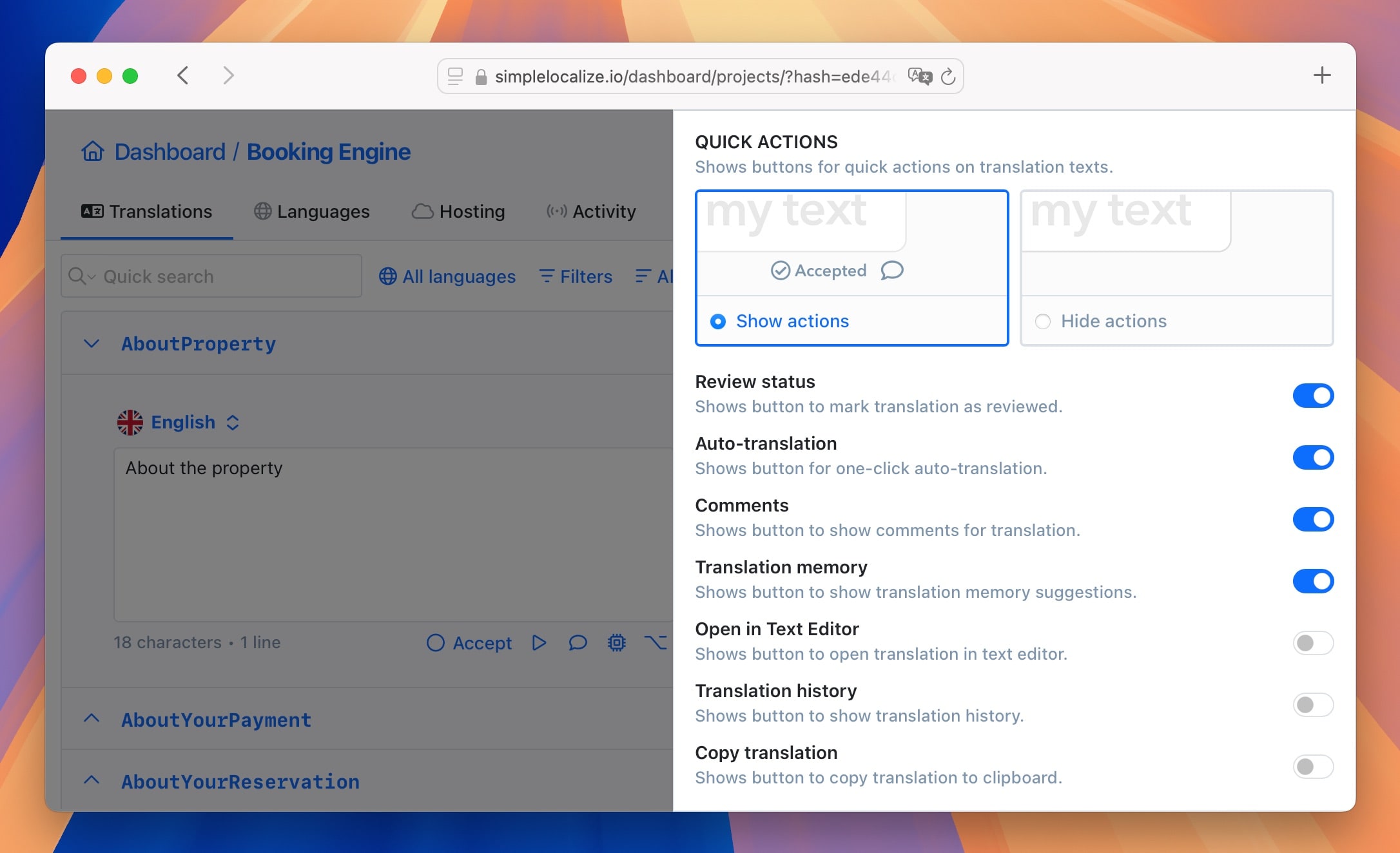 Translation memory in quick actions