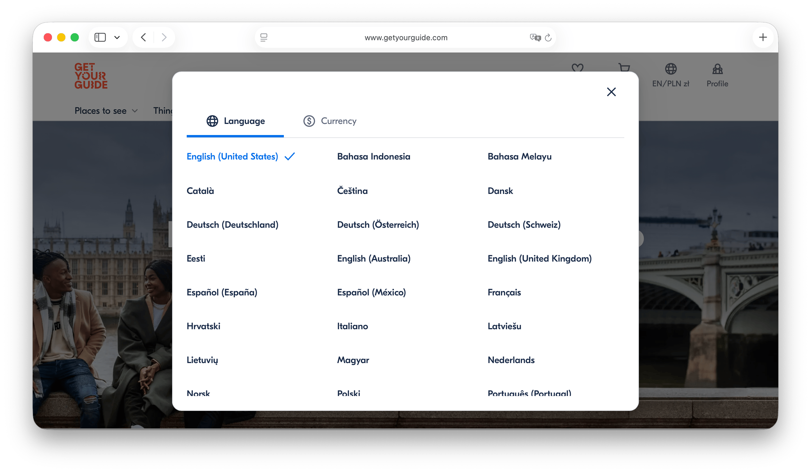 GetYourGuide language selector
