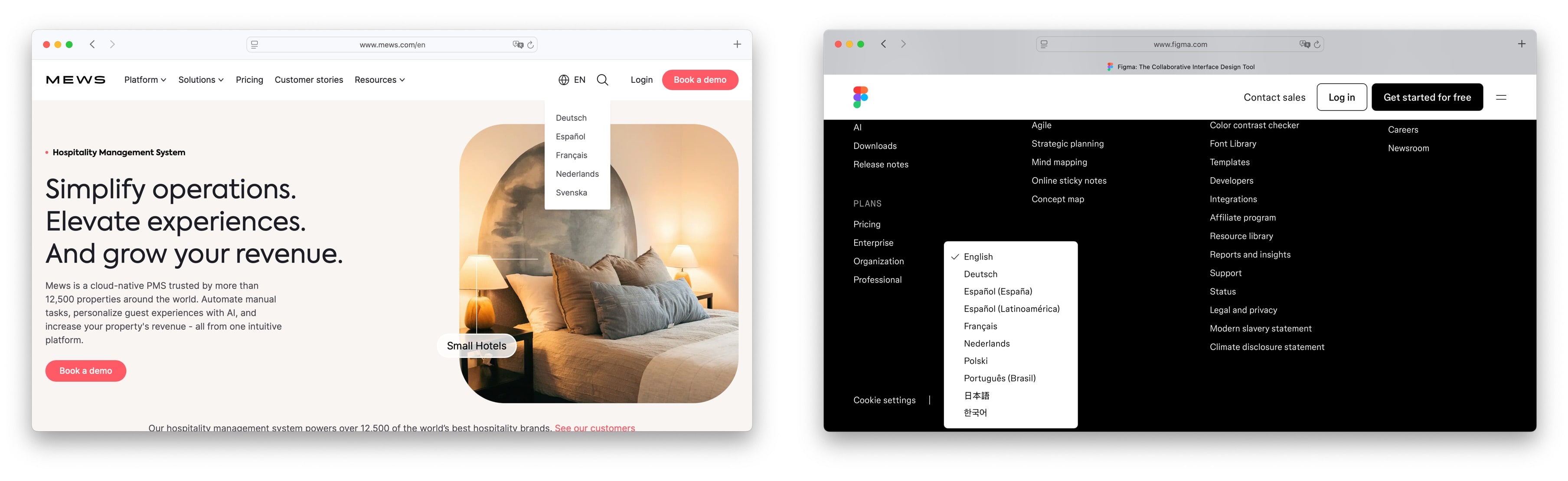 Example of language selector in header and footer