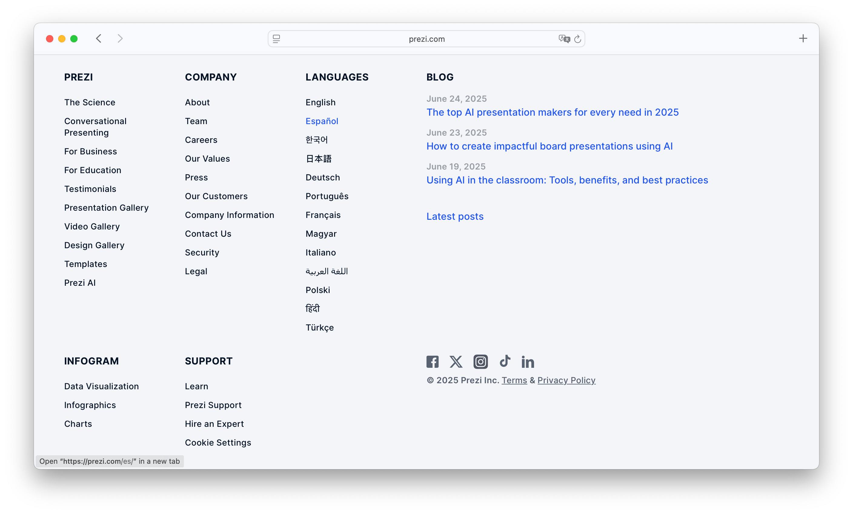 Prezi language selector