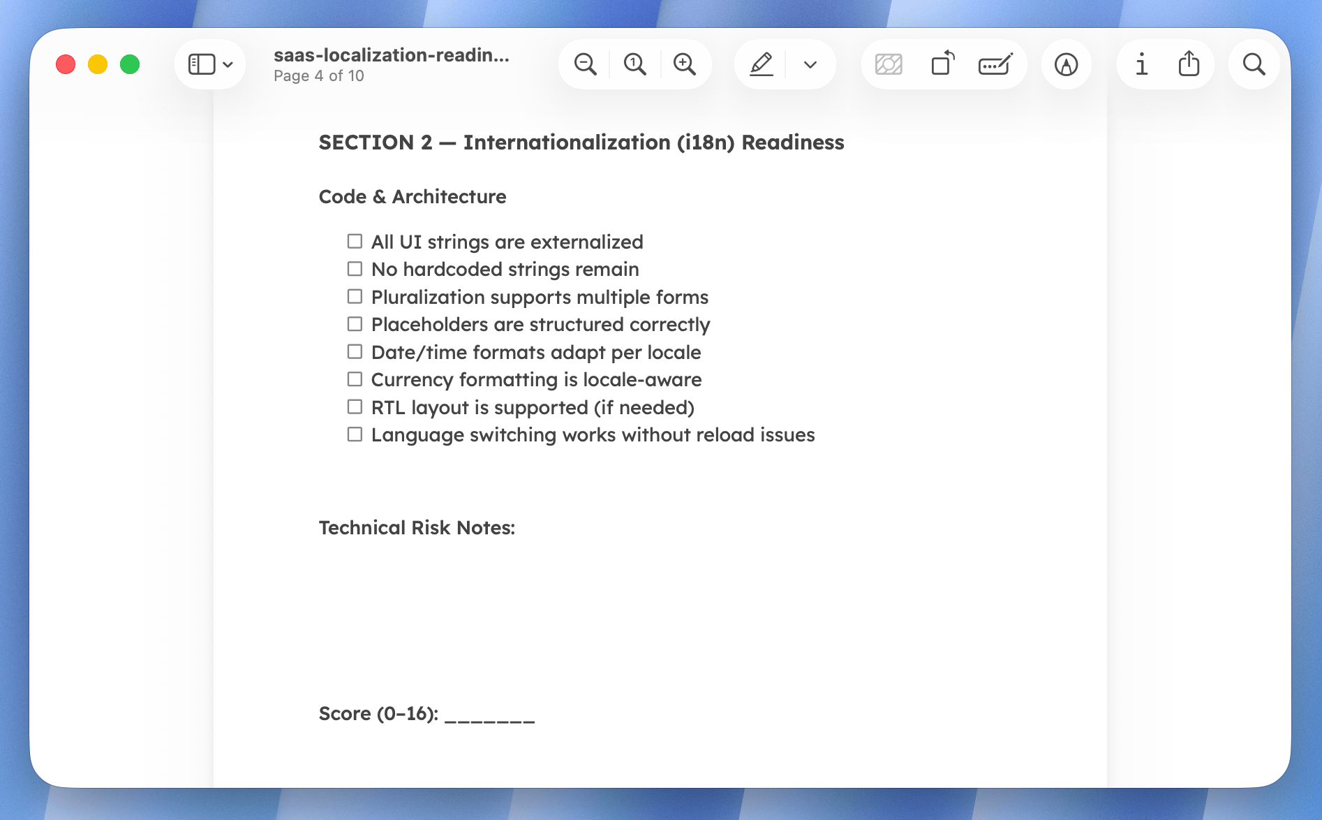 Localization readiness checklist preview