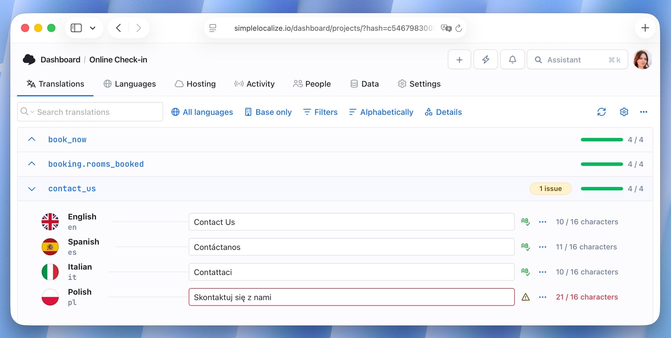 Example of a character limit rule in SimpleLocalize