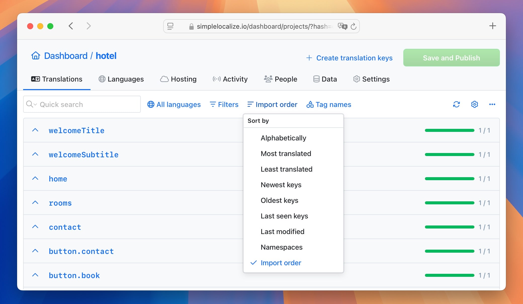 Sorting translation keys in the translation editor