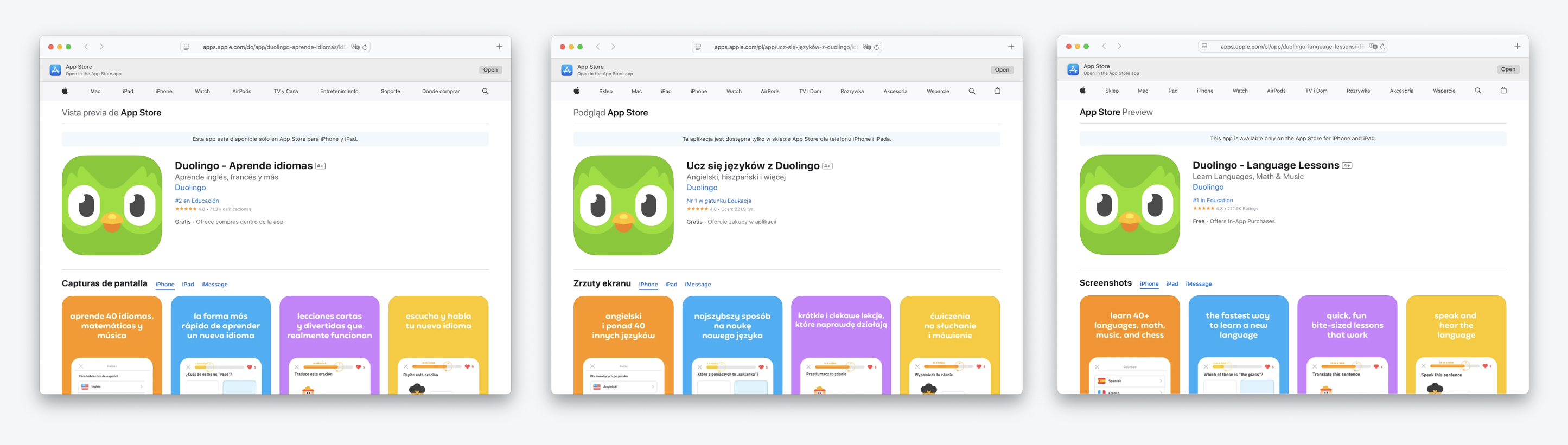 Duolingo app store description in different languages