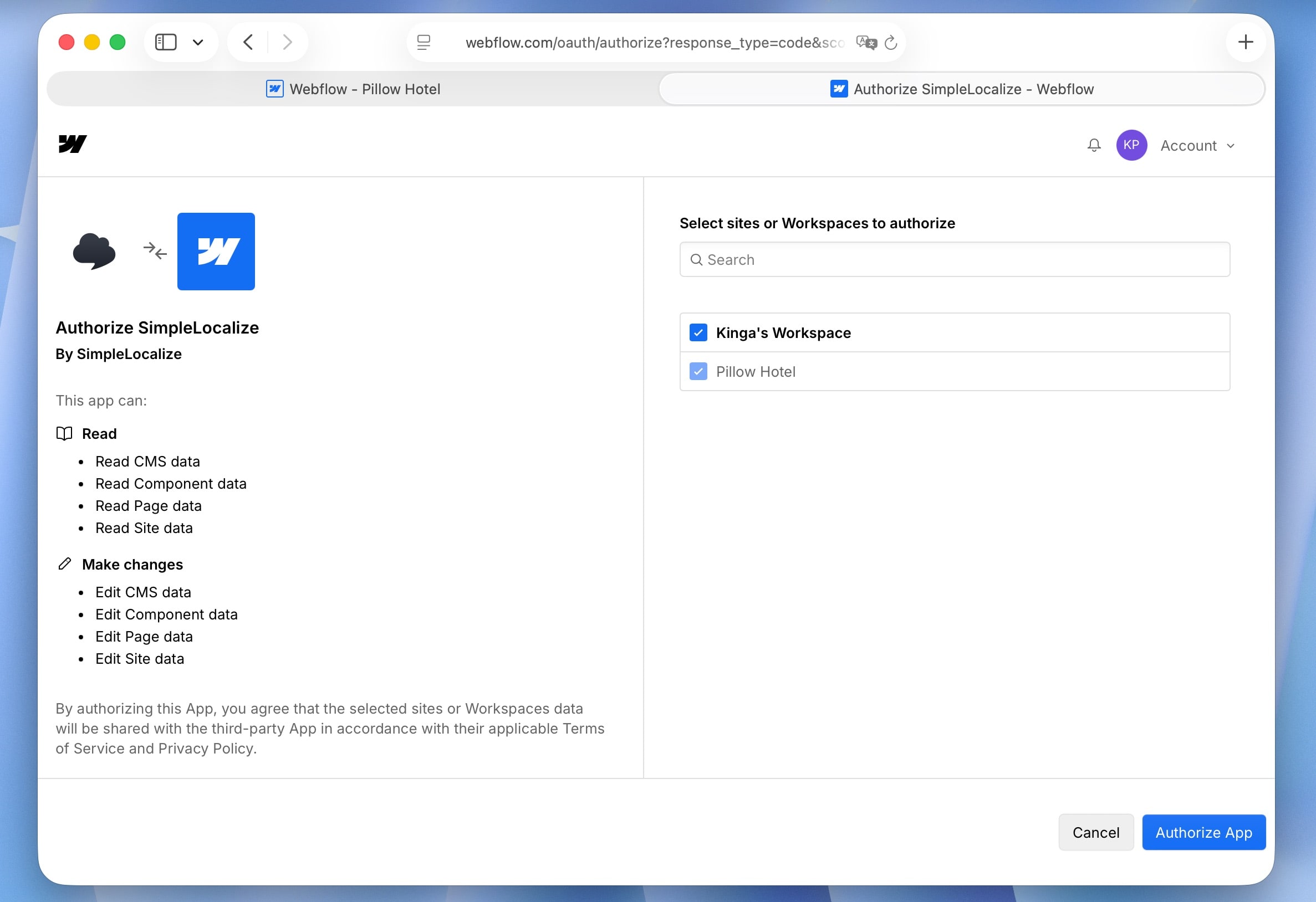Authorize SimpleLocalize in Webflow