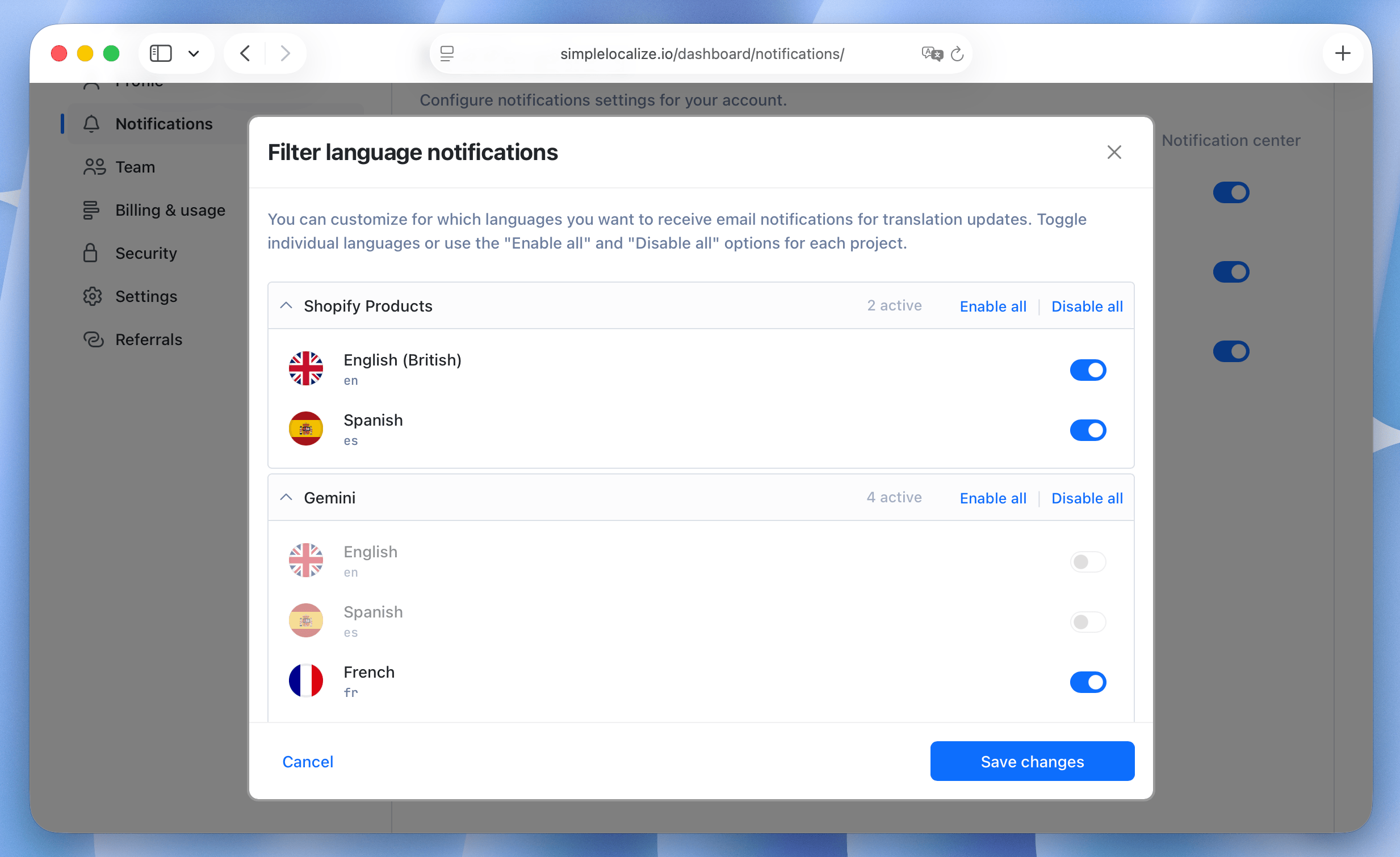 Language-specific notification settings