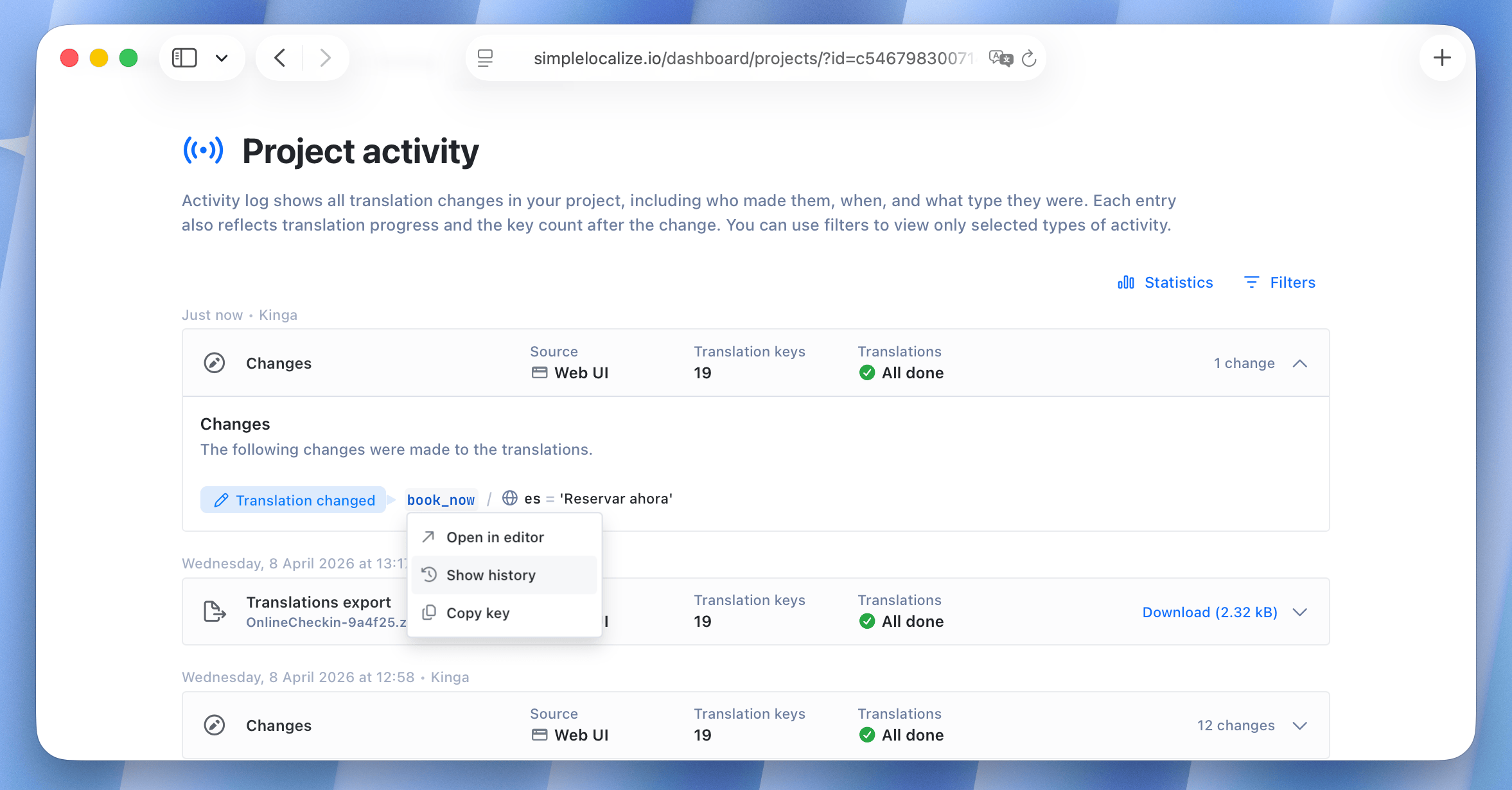 Activity: History of translation changes