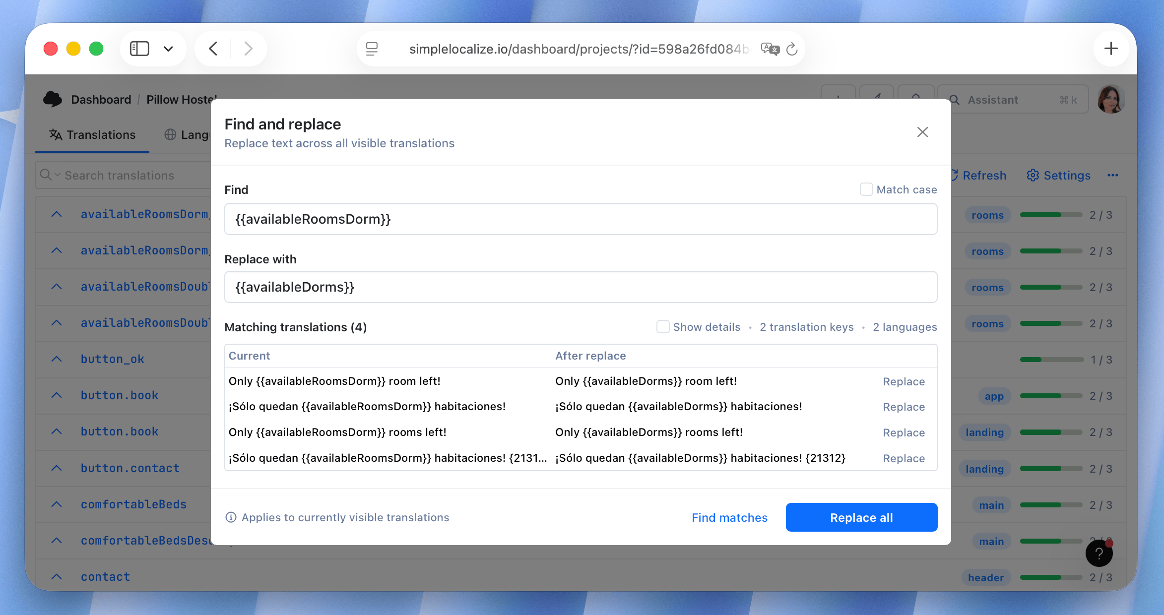 Find and replace in Translation Editor
