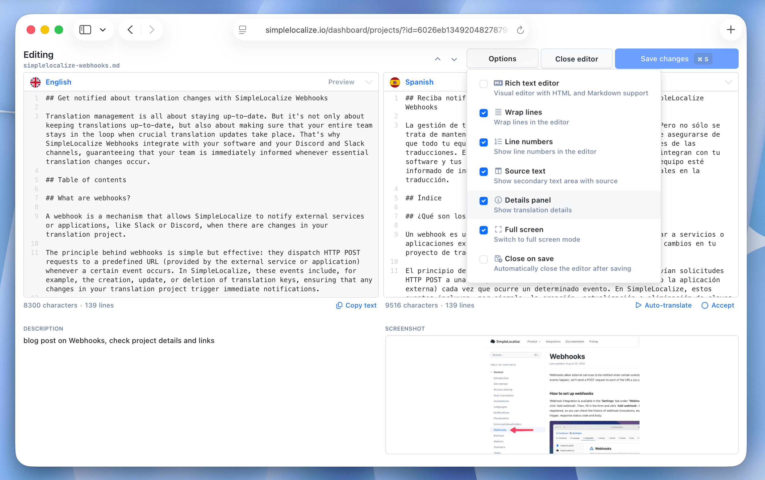 Improved Text Editor for long translations