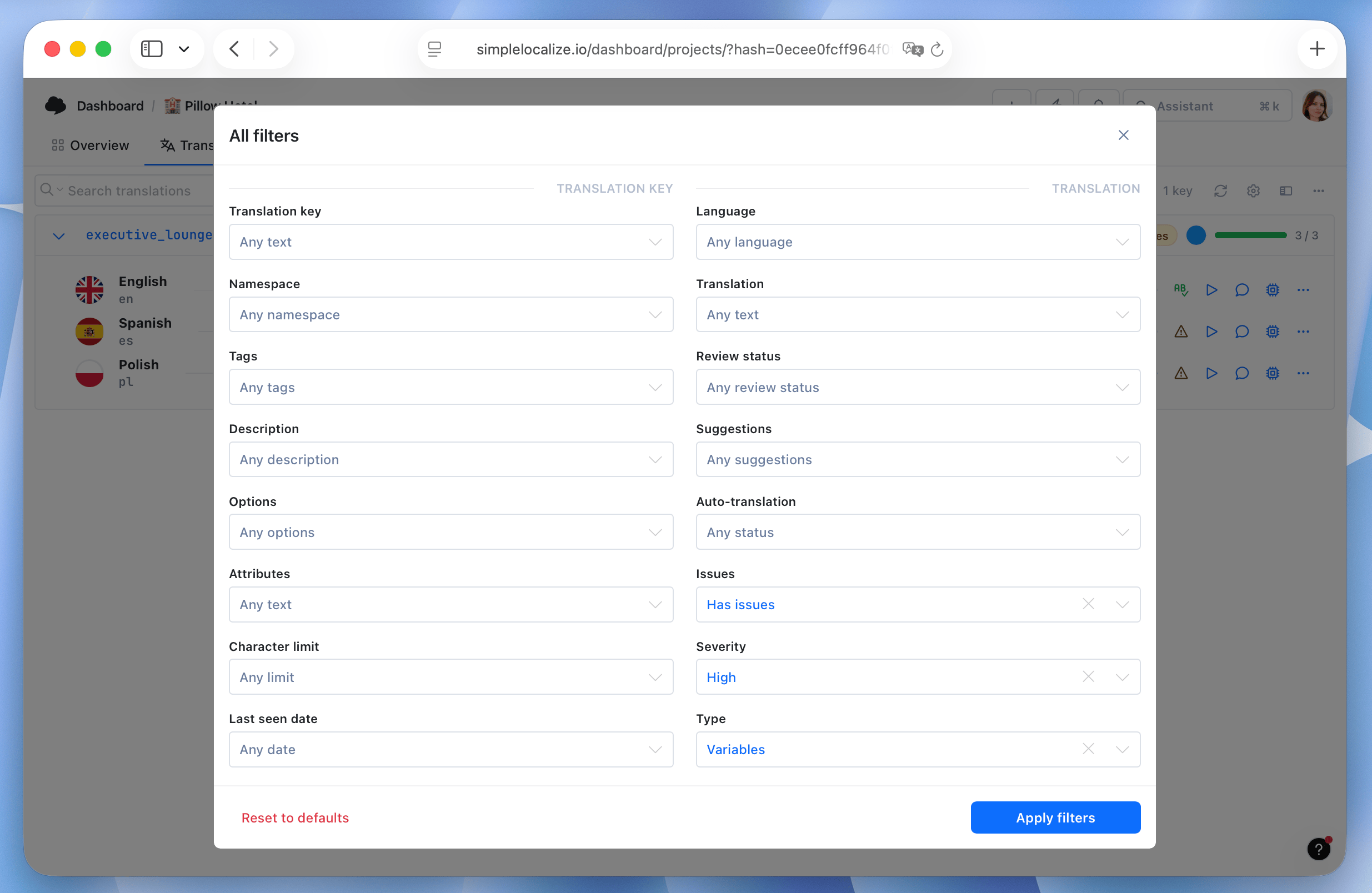 Filter by issue severity and QA check type