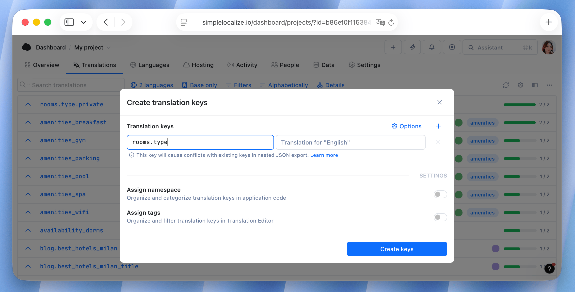 Warning about conflicting translation keys