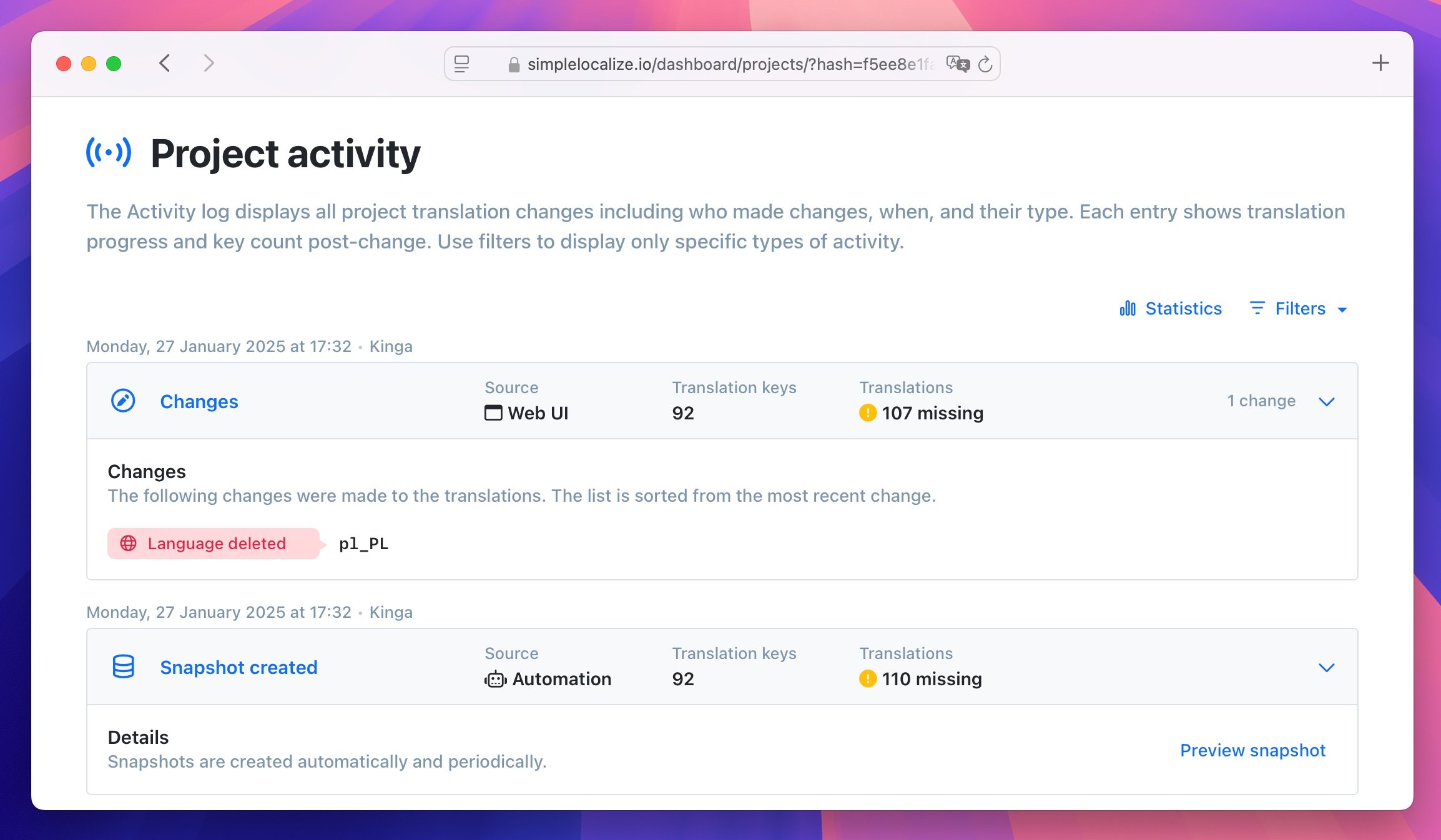Snapshots in the Activity tab