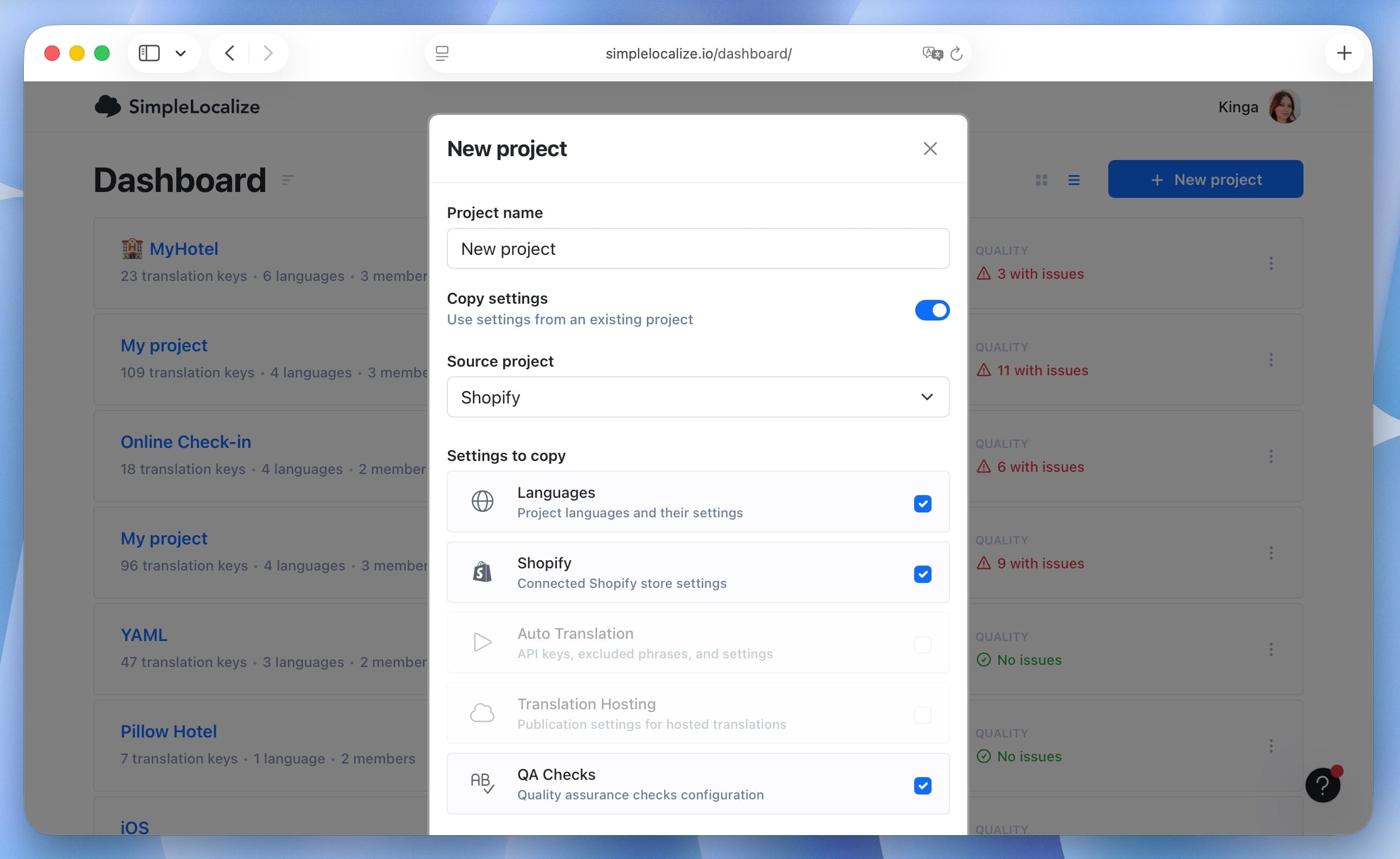 Copy project settings