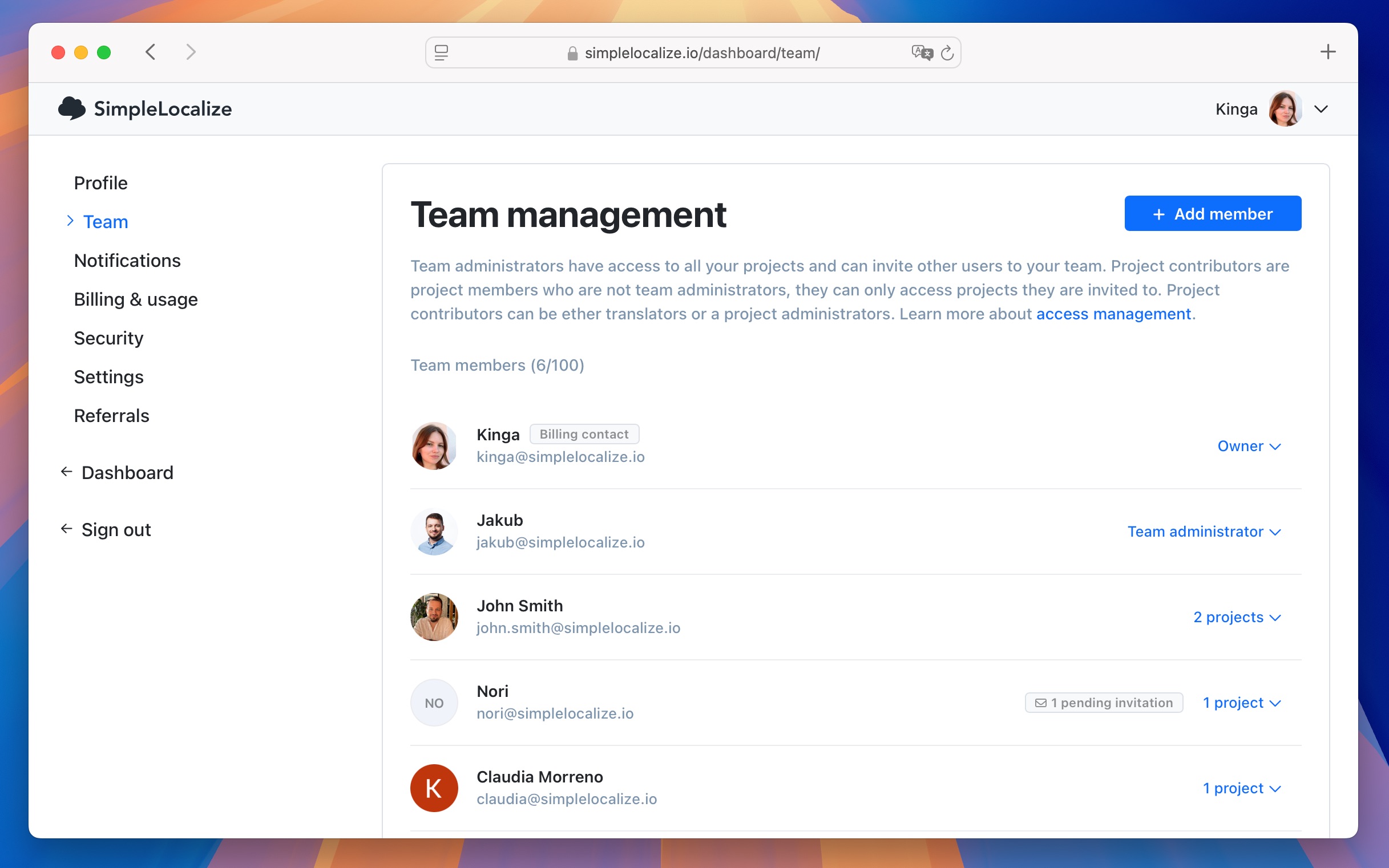 Team management section
