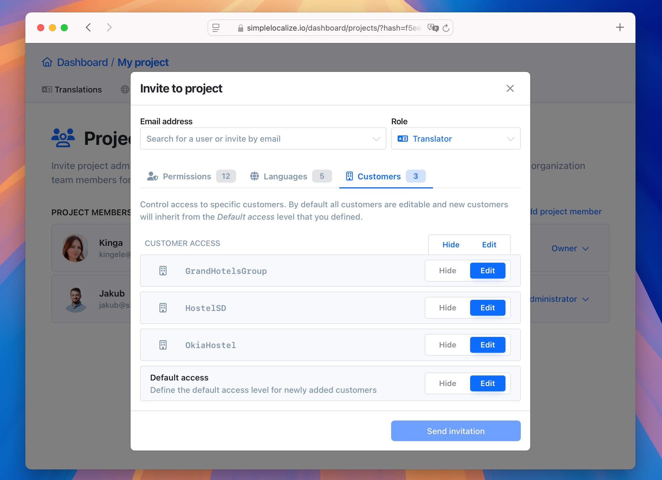 Configure which customers the translator can access