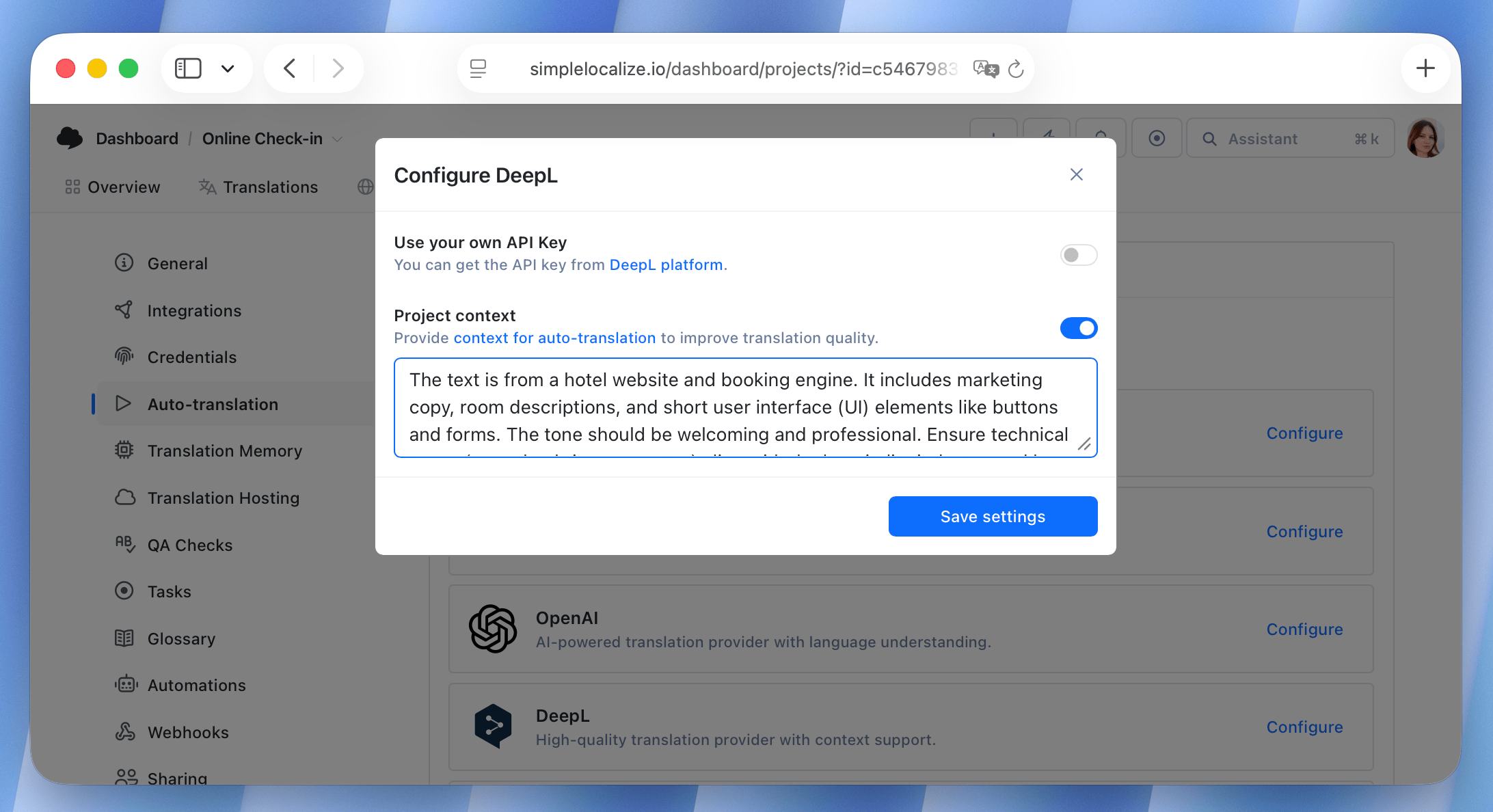 DeepL project context