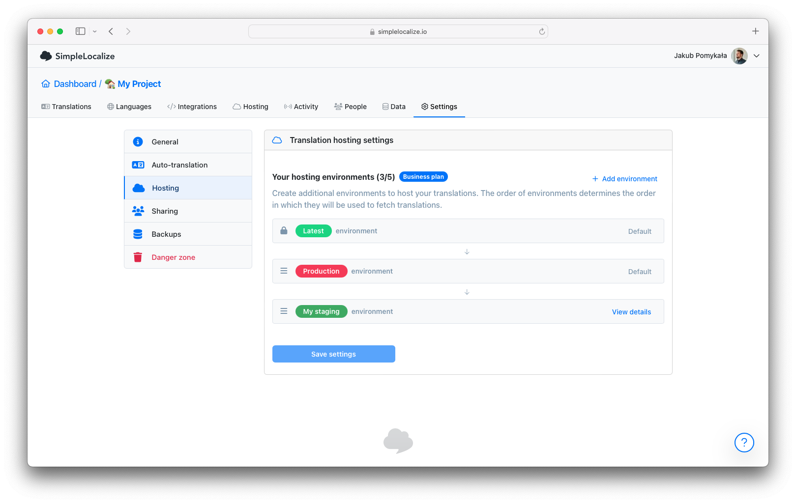 Translation Hosting order of hosting environments
