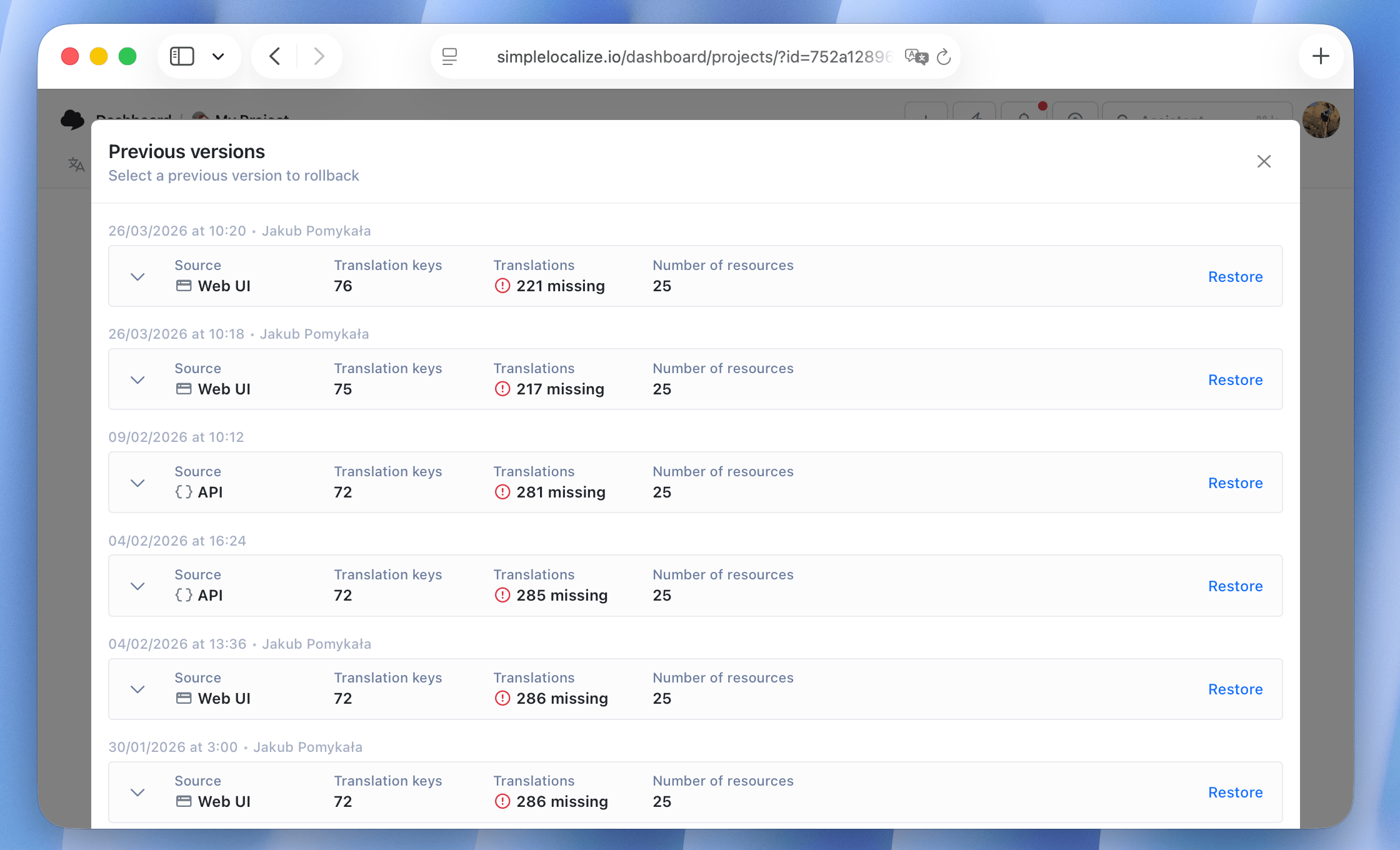 translation rollback menu