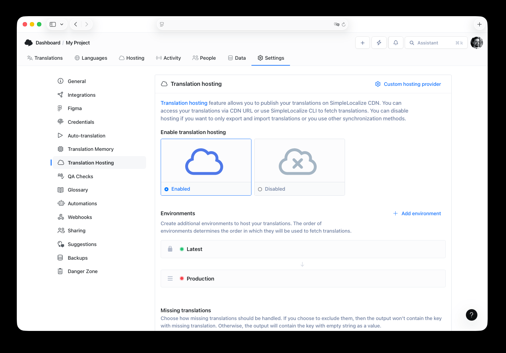 Translation hosting settings