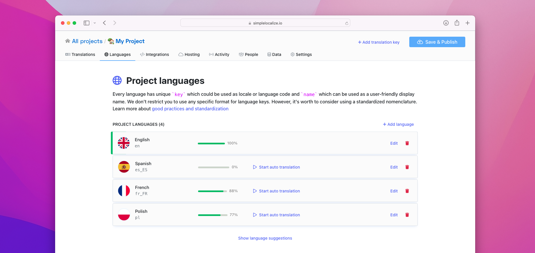 Languages tab and auto-translate option