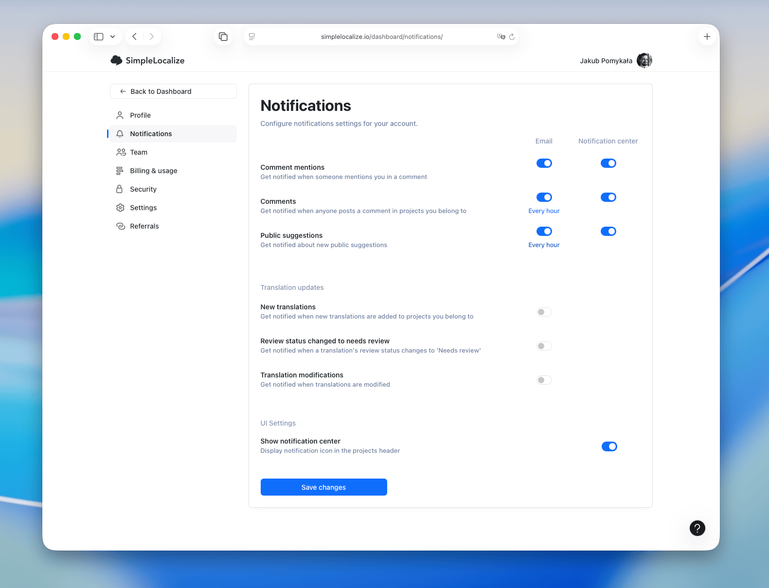 Enable notifications in profile settings