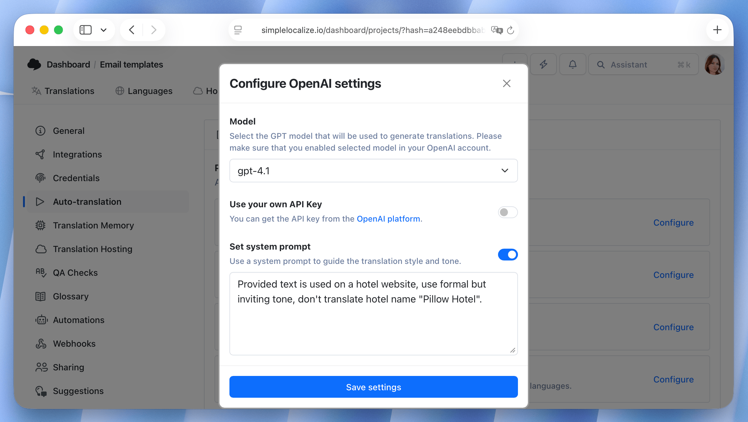 System prompt configuration for OpenAI