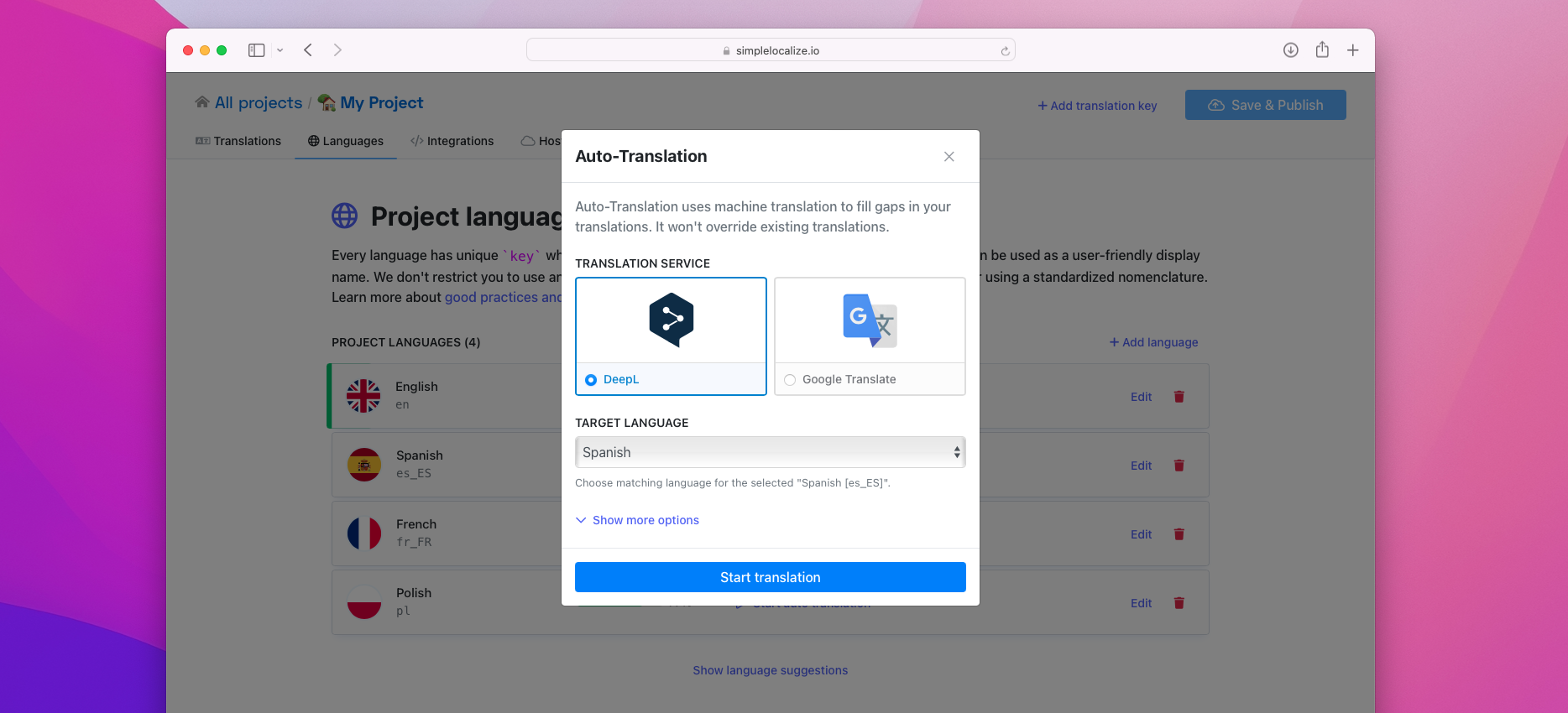 Start auto translation popup