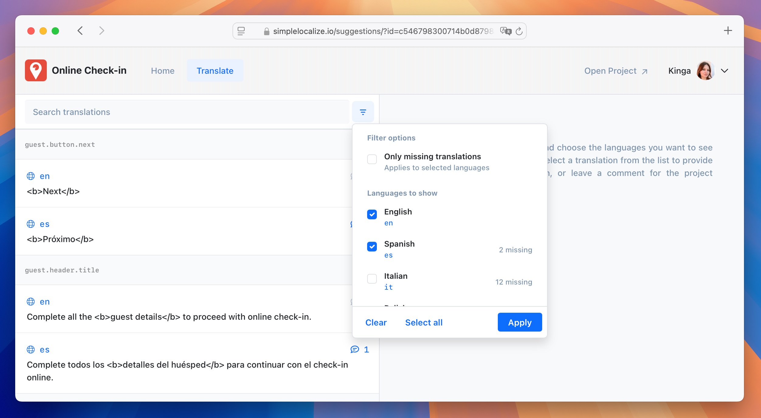 Filter translations