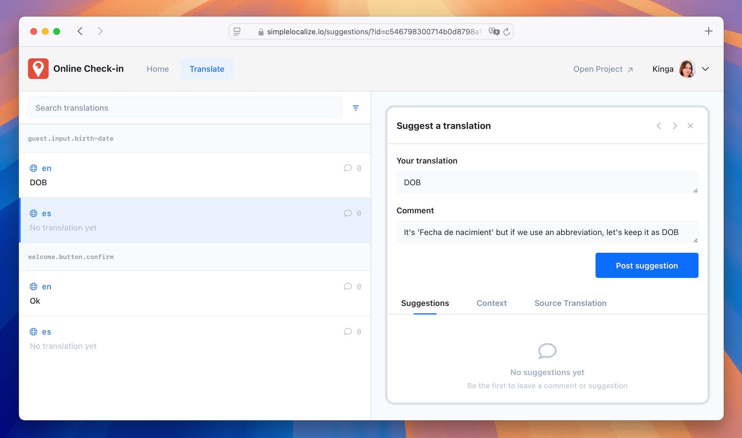 User feedback on translations in SimpleLocalize