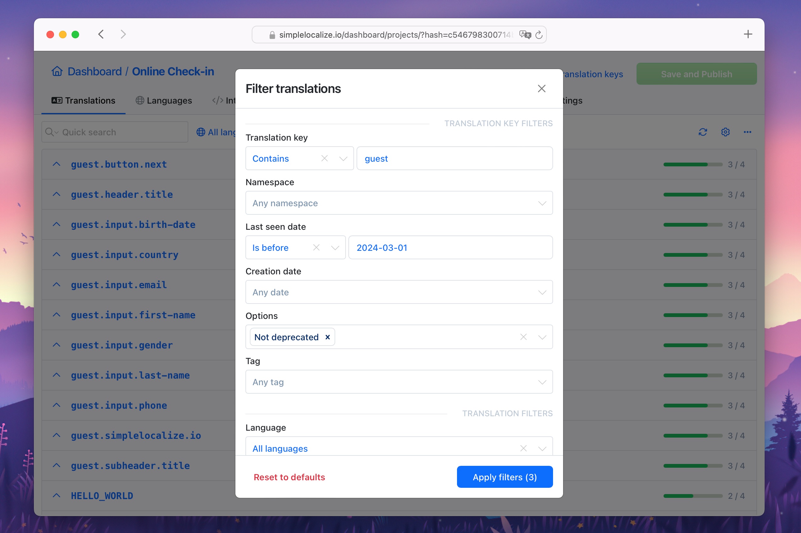 Filters in translation editor