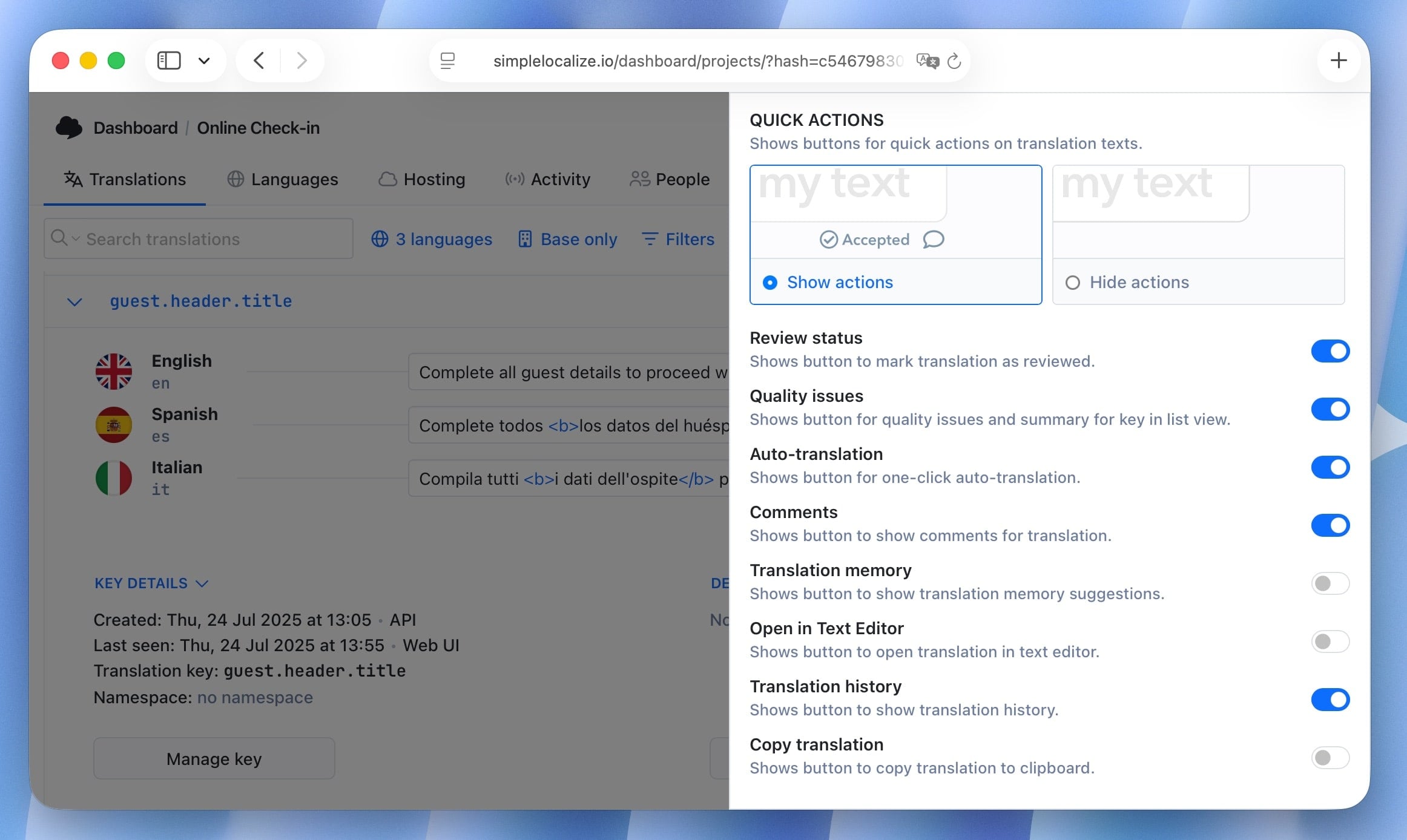 Translation history option in Quick Actions