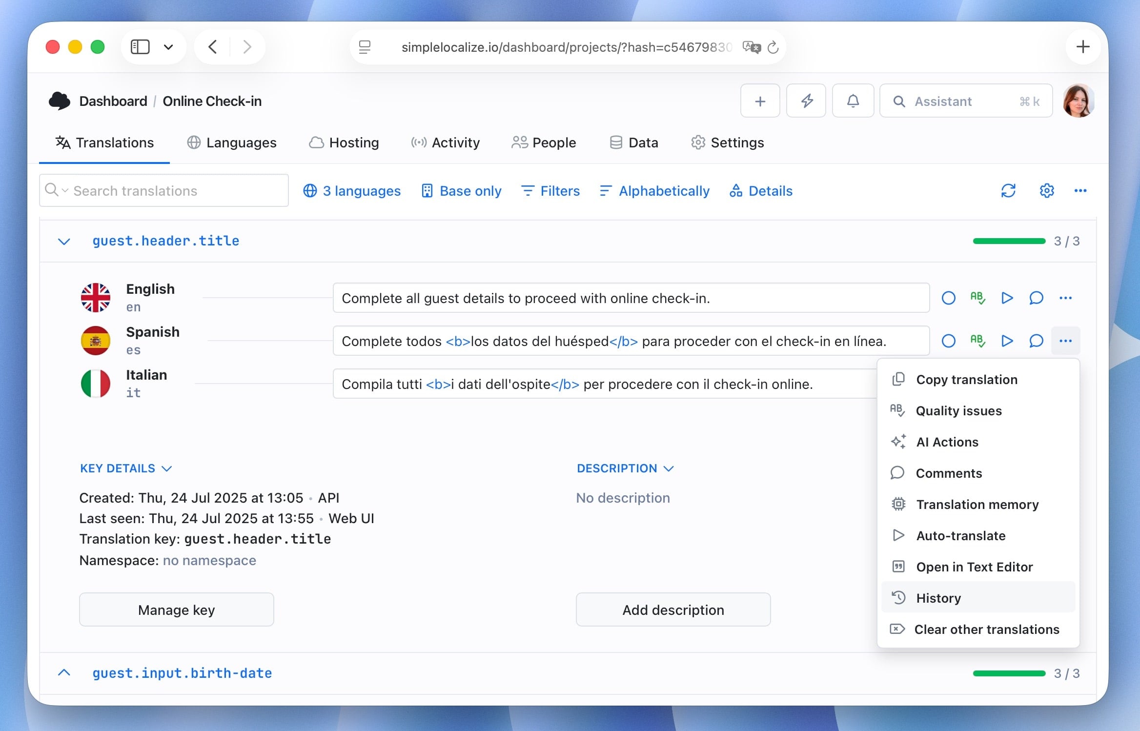 Translation history from More button