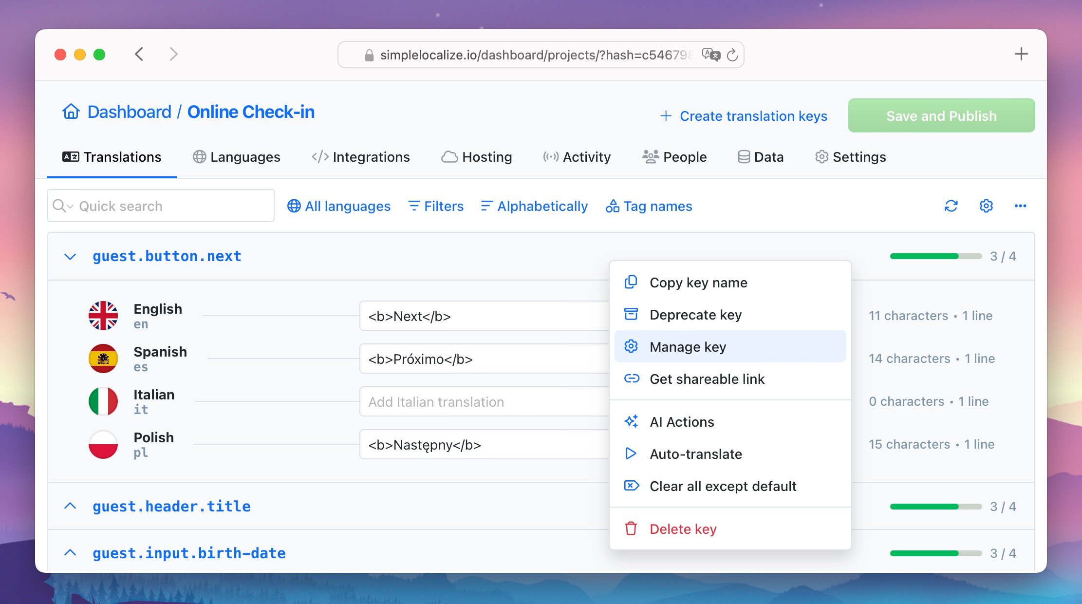 Manage key option