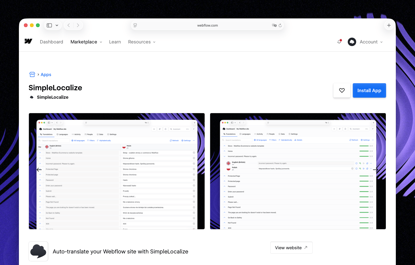 Install SimpleLocalize from Webflow Marketplace