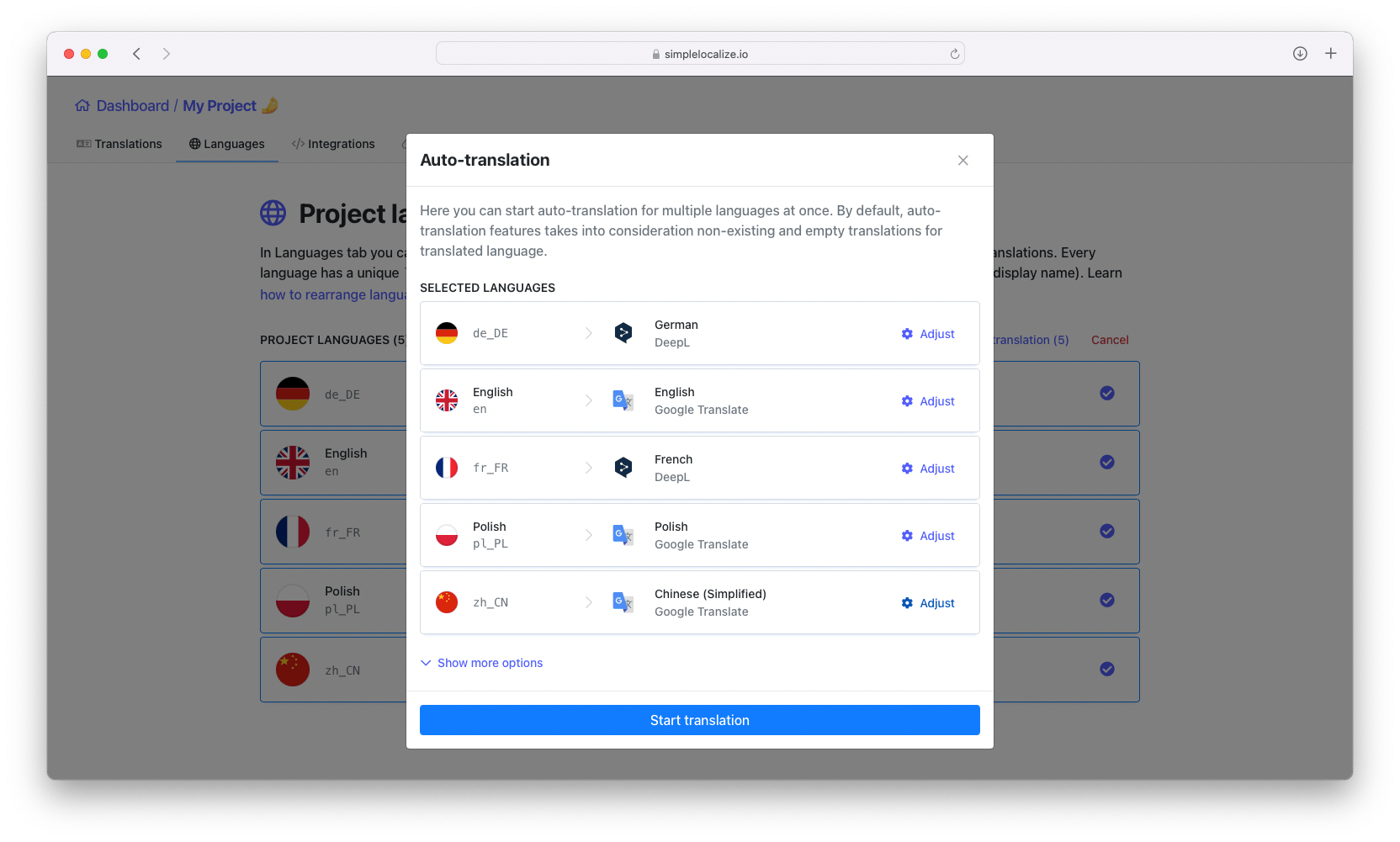 Auto-translation for software projects
